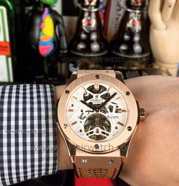 Copy Classic Fusion Hublot Tourbillon Skeleton Rose Gold Watch